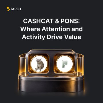 A dark promotional graphic for TapBit with the headline 'CASHCAT & PONS: Where Attention and Activity Drive Value', displaying two cylindrical display cases containing a cat and a 'P' symbol.
