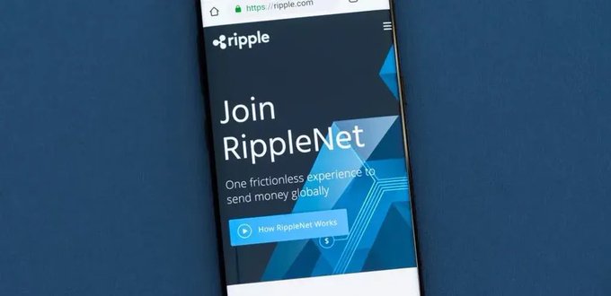 A smartphone displays the Ripple website (ripple.com) showing a 'Join RippleNet' campaign with the tagline 'One frictionless experience to send money globally' and a 'How RippleNet Works' button.