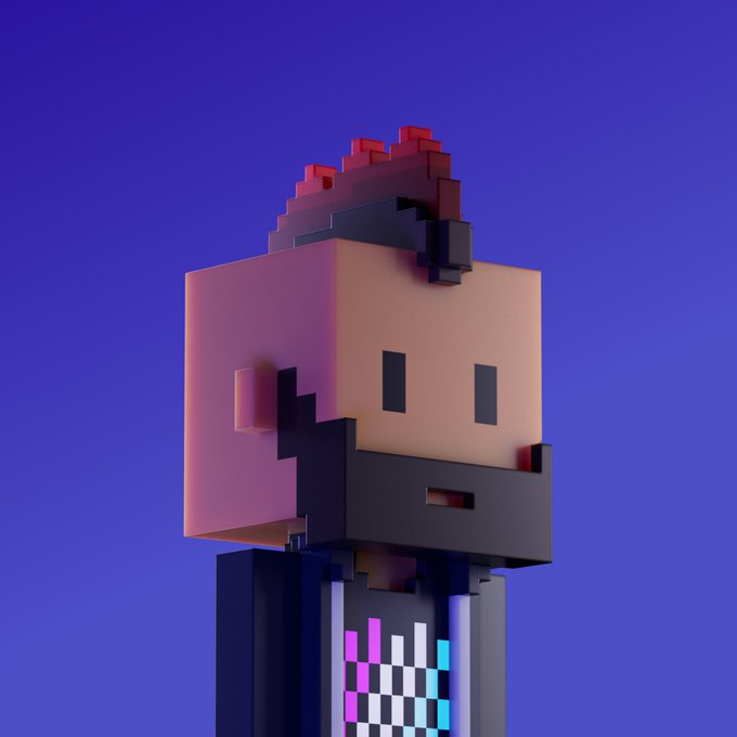 3D voxel-style illustration of a character with pink hair and a checkered shirt against a solid purple background.