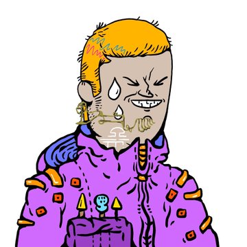 A cartoon illustration of a sweating, grinning blonde-haired character wearing a purple hoodie with orange accents.