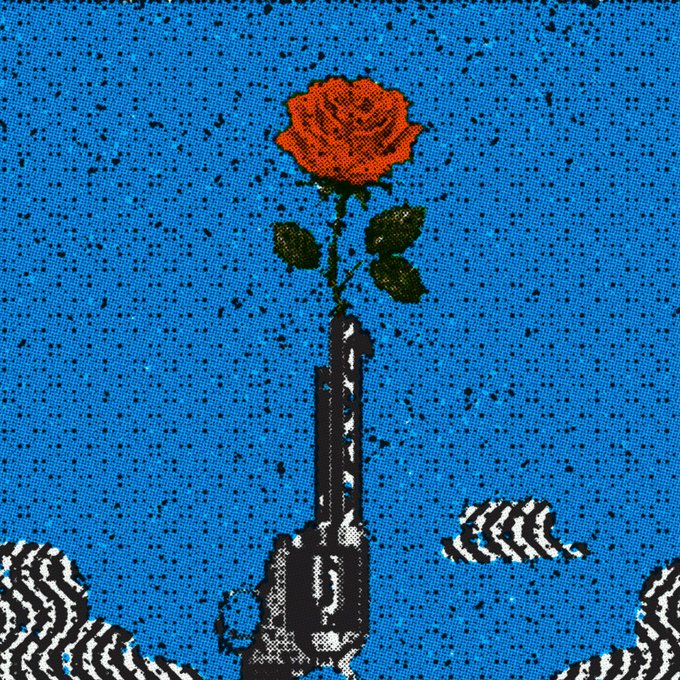 An identical copy of the previous image: a hand holding a gun with a red rose in the barrel, rendered in a blue pixelated style.