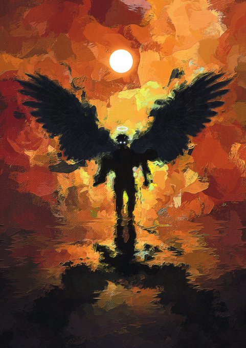 A painterly artwork depicting a dark, winged humanoid figure with a glowing halo standing before a bright sun, set against a fiery orange and red sky with reflections below.