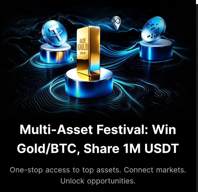 A promotional graphic featuring a gold bar and Bitcoin (BTC) and Tether (USDT) coins on pedestals, with text reading 'Multi-Asset Festival: Win Gold/BTC, Share 1M USDT' and 'One-stop access to top assets. Connect markets. Unlock opportunities.'