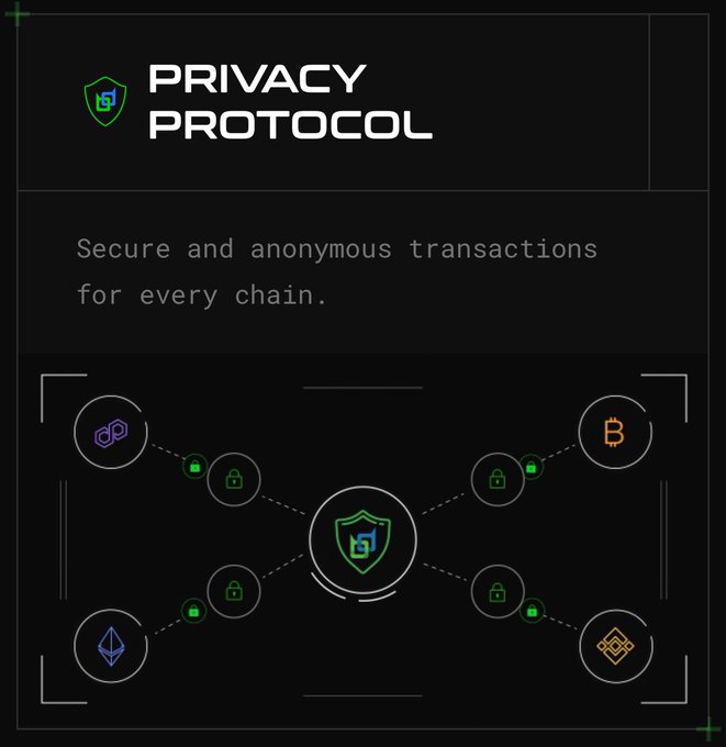 A promotional graphic for 'PRIVACY PROTOCOL' with the tagline 'Secure and anonymous transactions for every chain,' showing a network diagram connecting various cryptocurrency icons.
