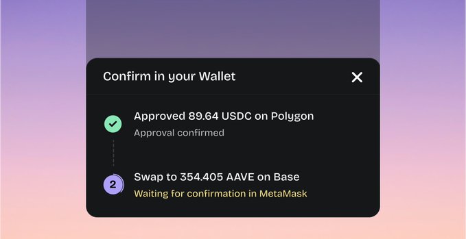 A wallet confirmation popup interface over a purple gradient background, showing 'Approved 89.64 USDC on Polygon' and a pending 'Swap to 354.405 AAVE on Base' transaction awaiting MetaMask confirmation.