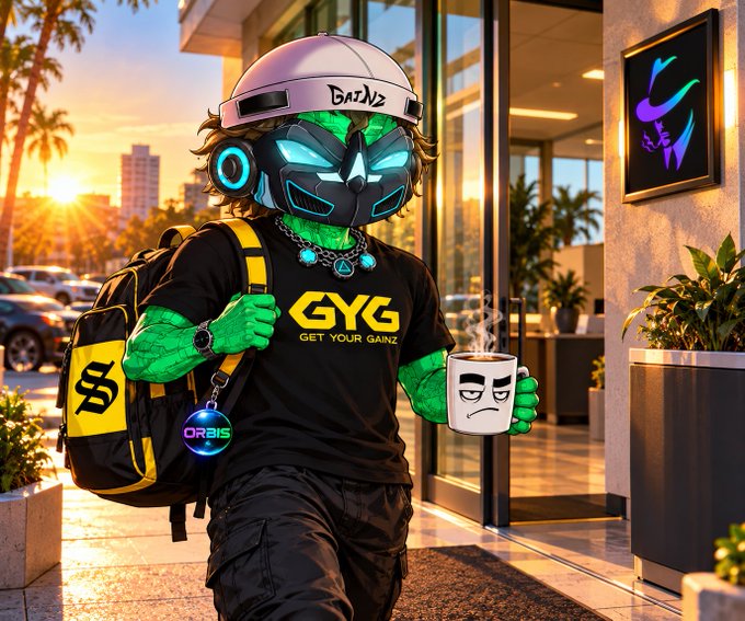 A stylized digital illustration features a green-skinned character wearing a futuristic helmet and a "GYG - GET YOUR GAINZ" t-shirt, holding a coffee mug outside a building at sunset.