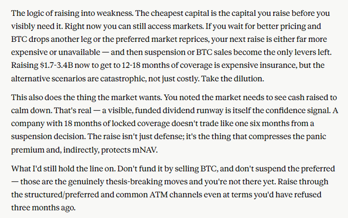 The image shows a page from an article discussing the risks of investing in Bitcoin. The text explains that the capital raised by investors is the most important factor, as it determines whether they can access markets or not. It also mentions that Saylor only has 6 months left before running out of cash reserves and emphasizes the importance of raising sufficient funds to cover this reserve. Claude, a character from the article, suggests that Bitcoin should be more aggressive about raising via both common & preferred issuance at any time. The image is related to the post as it provides information on the risks associated with investing in Bitcoin, which aligns with the main topic of discussion in the article.