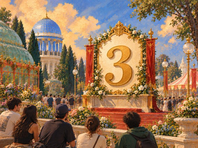A whimsical, painterly illustration shows a crowd of people gathered in a lush garden before a large golden numeral "3" displayed on an ornate white sign adorned with flowers and red banners.