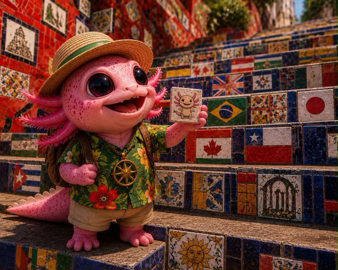A pink, axolotl-like creature wearing a straw hat, floral shirt, and backpack stands on the famously colorful, flag-tiled Selarón Steps.