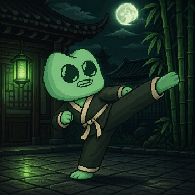 A pixel art character with a green skull-like head performing a martial arts high-kick pose in a nighttime setting with bamboo, a full moon, and an East Asian-style building.