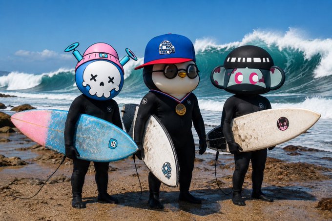Three mascot-like figures in black wetsuits stand on a beach holding surfboards, with ocean waves crashing behind them.