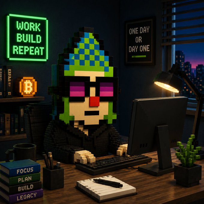 A digital artwork of a pixel-art character with green hair and purple sunglasses sitting at a desk with a computer. The scene features neon signs reading 'WORK BUILD REPEAT' and 'ONE DAY OR DAY ONE', a Bitcoin logo, and books labeled 'FOCUS PLAN BUILD LEGACY'.