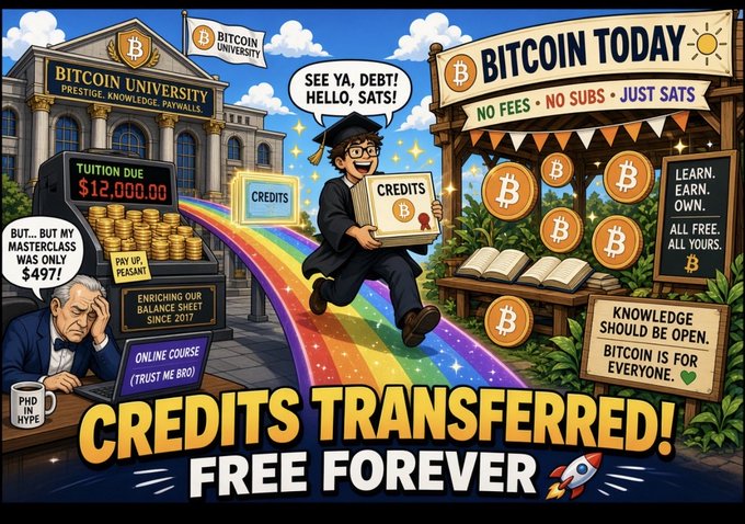 A cartoon image showing a student with a 'CREDITS' diploma on a rainbow between 'BITCOIN UNIVERSITY' (with a $12,000 tuition sign) and 'BITCOIN TODAY' (with 'NO FEES • NO SUBS • JUST SATS'), captioned 'CREDITS TRANSFERRED! FREE FOREVER'.