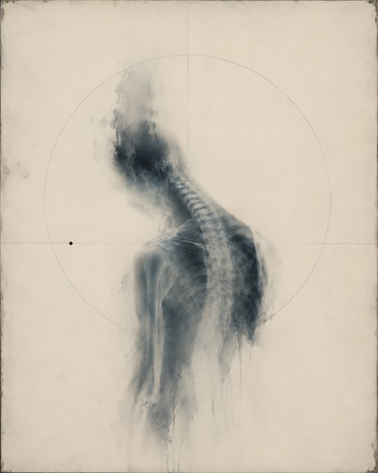 A faded, blue-tinted x-ray image of a human skeleton facing away, overlaid with circular and crosshair guidelines, accompanied by the text "The Silent Exposure 9/10 35 $XTZ." The skeletal figure metaphorically represents the "silent exposure," evoking themes of vulnerability and hidden structure, while the hashtags and ticker tie the artwork to the Tezos cryptocurrency community.