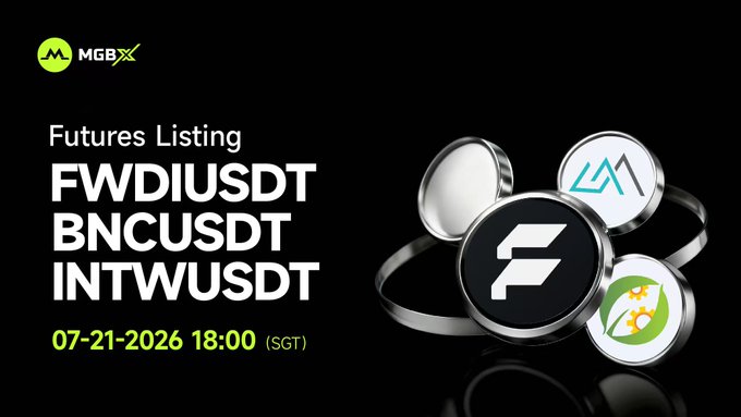 An MGBX promotional graphic announces futures listings for FWDIUSDT, BNCUSDT, and INTWUSDT, scheduled for 07-21-2026 at 18:00 (SGT), with cryptocurrency-style ring graphics in the background.