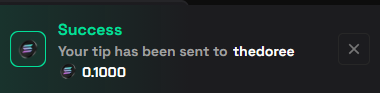 A dark-themed success notification displays "Your tip has been sent to thedoree" with a transaction amount of 0.1000, visually confirming one of the tipping transactions mentioned in the post about using a tip code to wager on sports.