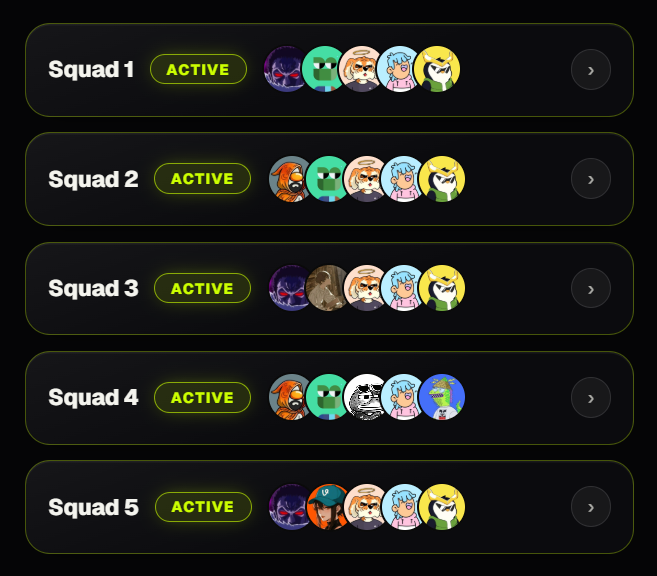 A user interface showing five squads (Squad 1 through Squad 5), all marked as 'ACTIVE', each displaying a row of five different character avatar icons with a navigation arrow button to the right.