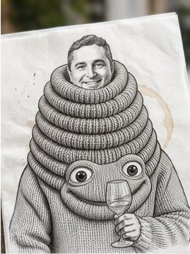 A whimsical pencil-and-ink illustration depicts a smiling man whose sweater is actually a coiled frog/toad, with the toad's face peeking out near his chest while he holds a wine glass. The surreal artwork ties to the post's reference of the $TOAD "Father," with the man's portrait serving as a unique PFP created by @slingoorio and @mdudas.