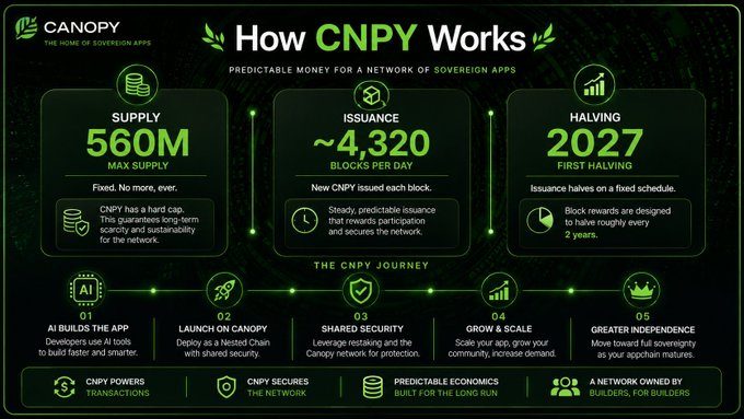 An infographic titled 'How CNPY Works' by Canopy explaining the predictable money for a network of sovereign apps, detailing a 560M max supply, ~4,320 blocks per day issuance, and a 2027 first halving, with a 5-step CNPY journey timeline.