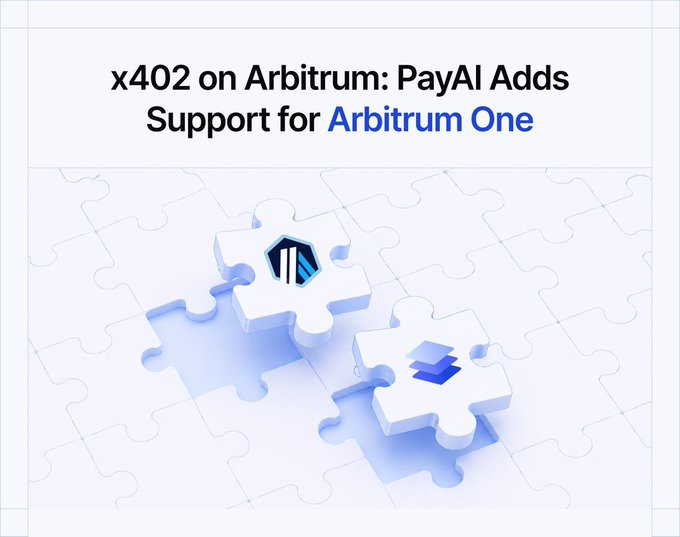 The image features two white puzzle pieces with blue edges, placed side by side on a white background. The text above the puzzle pieces reads "x402 on Arbitrum: PayAl Addds Support for Arbitrum One", indicating that the image is related to a discussion about supporting Arbitrum One.
