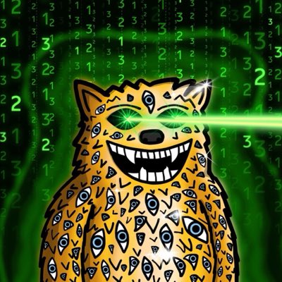 A cartoon leopard with glowing green laser eyes and a wide grin stands against a green Matrix-style background filled with falling numbers, embodying the "hater or motion" hype around the meme token $FUZZY and its bold push onto the XRP ledger.