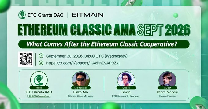 A promotional graphic for an 'ETHEREUM CLASSIC AMA SEPT 2026' event on September 30, 2026, hosted by ETC Grants DAO and BITMAIN, featuring speakers Linze MA, Kevin, and Istora Mandiri.