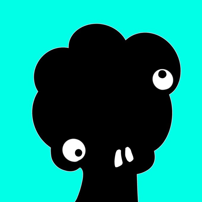 A minimalist black silhouette of a cloud-headed character with mismatched eyes and two small white teeth against a teal background.