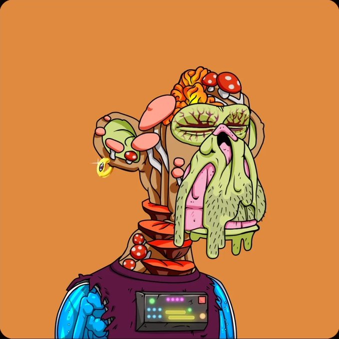 A cartoon mutant character with an exposed brain, mushrooms, a drooping green eye, and a tongue hanging out from its sliced-open head, wearing a torn purple shirt with a control panel on the back, perfectly embodies the "happy mutant" aesthetic referenced in the caption about scoring an M1 on the floor.