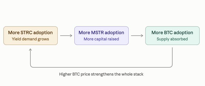 A flowchart illustrates a self-reinforcing loop: "More STRC adoption (Yield demand grows)" → "More MSTR adoption (More capital raised)" → "More BTC adoption (Supply absorbed)," with an arrow returning from the final box stating "Higher BTC price strengthens the whole stack." The diagram visually reinforces the post's argument that STRC adoption drives MSTR growth, which in turn fuels BTC accumulation, creating a positive feedback cycle across the entire stack.