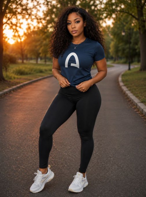 A woman with long curly hair poses on a park pathway at sunset, wearing a fitted navy blue t-shirt with a white logo, black leggings, and chunky white sneakers.