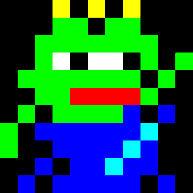 A pixel art illustration of a green, blocky character wearing a yellow crown, with large black eyes, a red mouth, and a blue robe, resembling a retro video game king.