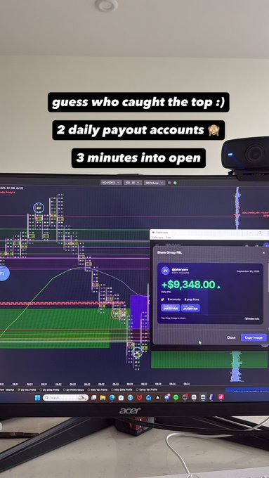 A trading screen showing share payouts of +$9,348.00, captioned 'guess who caught the top :) 2 daily payout accounts 3 minutes into open'.
