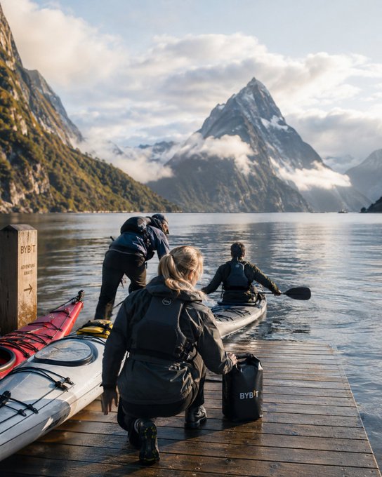 Two kayakers, one wearing a BYBT-branded dry bag, launch from a wooden dock onto the glassy waters of a fjord beneath dramatic, snow-capped peaks—capturing the adventurous spirit of "chasing views" while "making moves" into breathtaking wilderness.