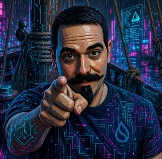 A digitally illustrated man with a mustache and goatee points directly at the viewer, set against a vibrant neon city and ship background, wearing a shirt adorned with digital circuit patterns and a water drop logo.