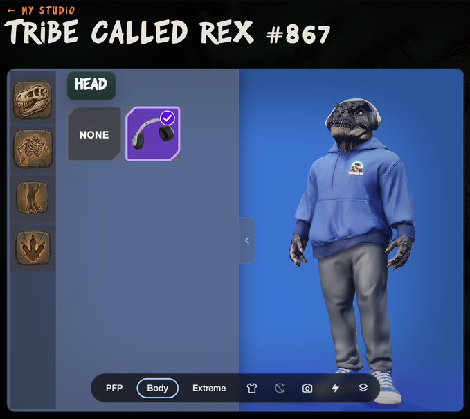 A screenshot from the 'Tribe Called Rex #867' studio customization menu showing a dinosaur character wearing a blue hoodie, gray pants, headphones, and sneakers against a blue background.
