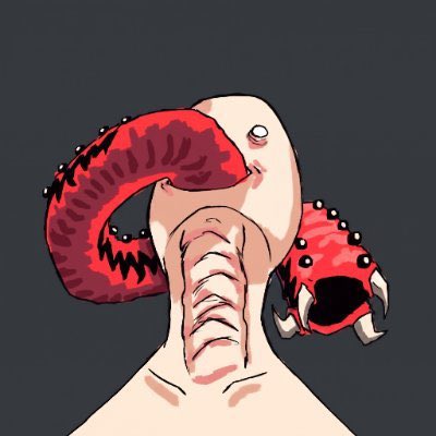 A digital illustration of a pale, eyeless humanoid figure with a red, horned, fanged creature coiled around its neck.