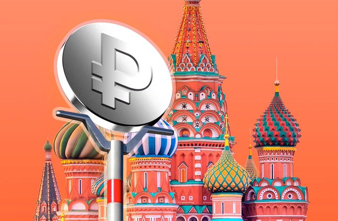 A 3D rendering of a large silver Ruble (₽) coin balanced on a spoon, set against a backdrop of colorful Russian-style onion domes on an orange background.