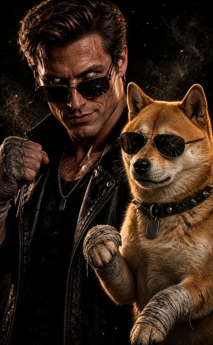 A rugged man in sunglasses stands alongside a Shiba Inu dog wearing cracked aviator shades and a studded collar, both wrapped in bandages with fists raised in a fighting stance. The image's tough, battle-ready aesthetic perfectly complements the post's combative caption and $DOGE reference, projecting an unbreakable, meme-inspired warrior spirit.