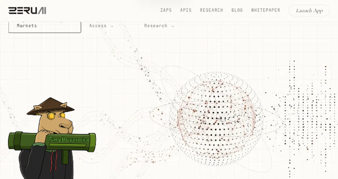 The image shows the Zeru AI website homepage with a cartoon character in a conical hat carrying a green scroll labeled "FuryBuyzooka," alongside navigation tabs for ZAPS, APIS, RESEARCH, BLOG, and WHITEPAPER, all set against an abstract dotted neural network graphic that visually represents Zeru AI's wallet trust-scoring concept.