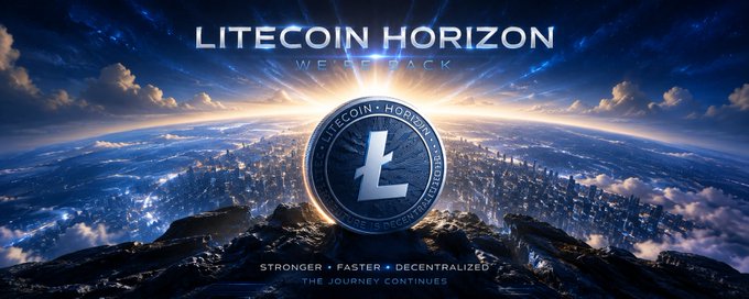 The image features a large coin with an LTC symbol, surrounded by mountains and clouds. The text "Litecoin Horizon" is written above the coin, and below it, there are two lines of text that read "We're financial future of payments." This suggests that the image might be related to cryptocurrency or digital currency, specifically Litecoin, which is used for fast and secure transactions.