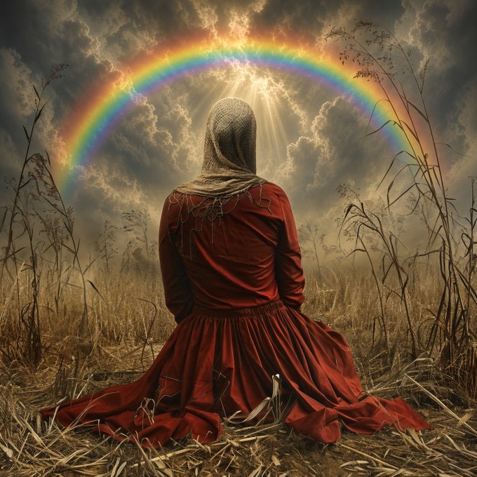 A woman in a flowing red dress and headscarf kneels in a dry field, facing a dramatic sky with a bright rainbow arching over her.