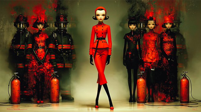 A surreal fashion editorial featuring a central figure in a striking red suit and helmet, flanked by models in dark red and black outfits alongside firefighters in full gear, all set against a moody green backdrop with red gas cylinders.