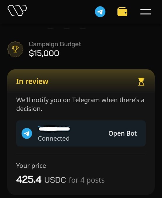The image shows a phone screen with a message box displaying information about a campaign budget, including details such as the amount of money available and the type of payment accepted (USDC). The text also mentions that there are four posts for this campaign, which could be promotional or related to the campaign itself. The main focus is on the campaign budget and its associated tasks, with the message box providing essential information about the project.