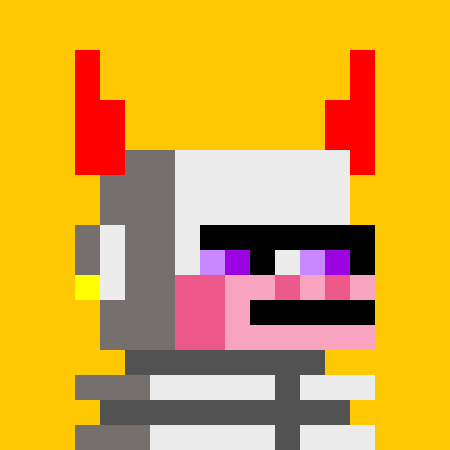A pixel art illustration of a character with red devil-like horns, pink and gray facial features, and purple eyes set against a yellow background.