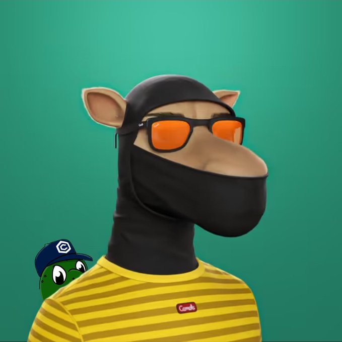 A 3D-rendered character of a horse wearing a black balaclava, orange sunglasses, and a yellow striped shirt with a small green cartoon figure on the shoulder, set against a teal background.