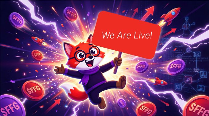 A cheerful cartoon fox mascot leaps energetically while holding a red "We Are Live!" sign, surrounded by floating $FFG tokens, rockets, and upward arrows symbolizing a token launch. The vibrant graphic ties directly to the announcement promoting $FFG's new availability on Uniswap.