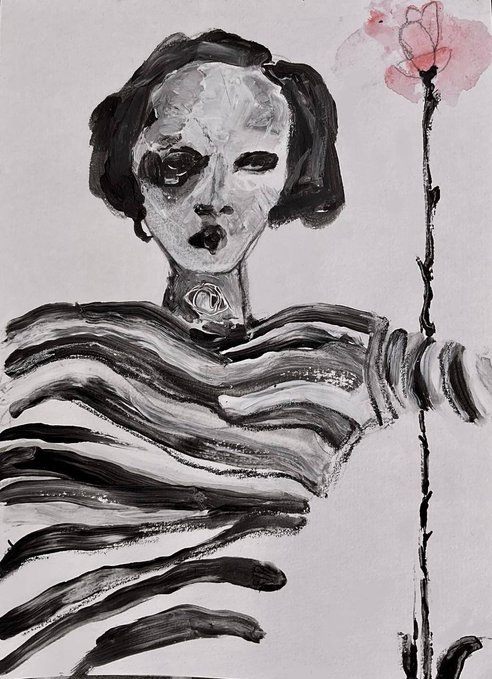 A black-and-white ink painting depicts a stylized figure with dark hollow eyes wearing a striped garment, holding a thin branch with a small pink flower.