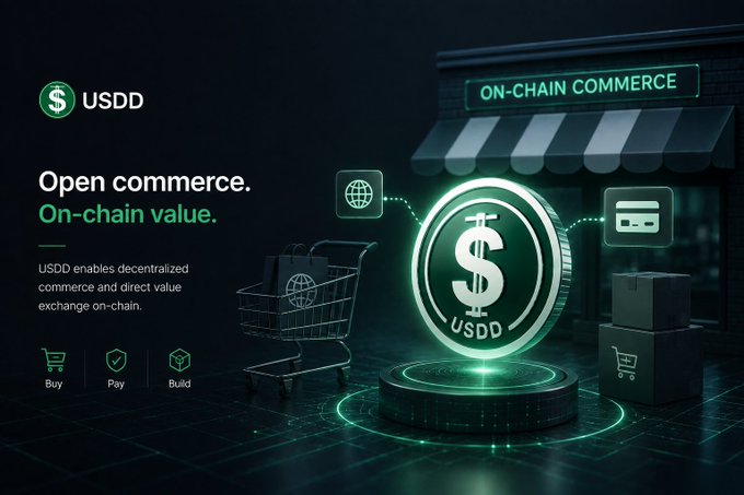 A promotional graphic for USDD cryptocurrency with the tagline 'Open commerce. On-chain value,' featuring a glowing USDD coin, a shopping cart, and icons for Buy, Pay, and Build.