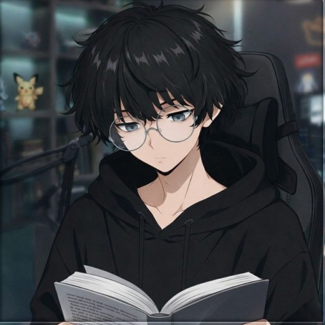 An anime-style illustration of a young man with messy black hair and round glasses, wearing a black hoodie and reading a book, with a Pikachu figurine visible on a shelf behind him.