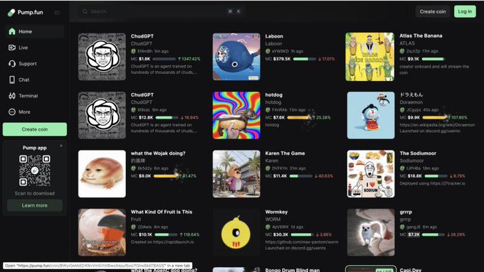 A screenshot of the Pump.fun homepage displaying a grid of meme coin listings including 'ChudGPT', 'Laboon', 'Atlas The Banana', 'hotdog', and 'Doraemon', showing market caps and percentage changes.